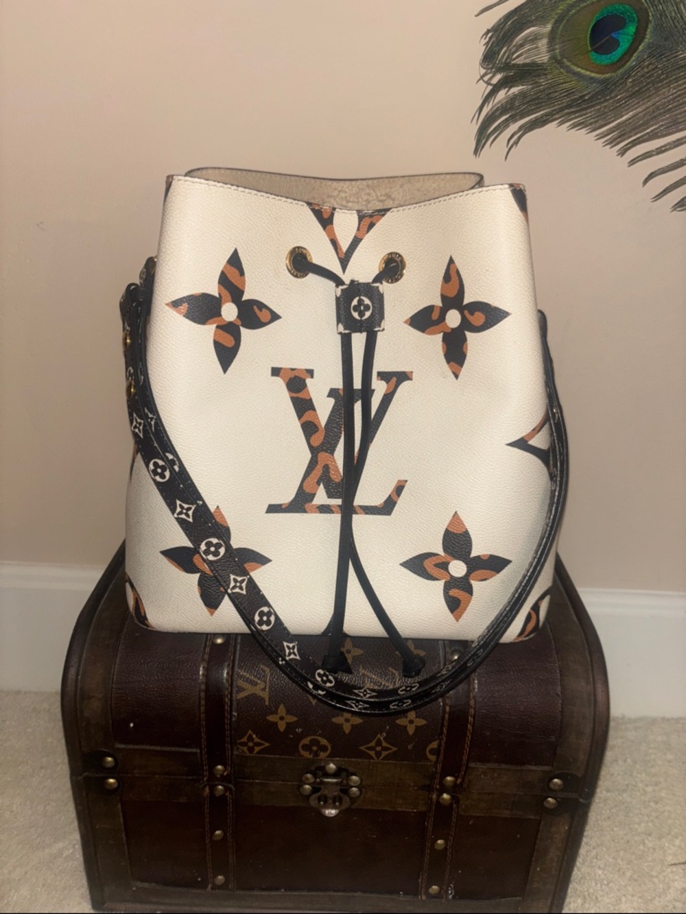 White Designer look only Monogram Drawstring Bucket Bag